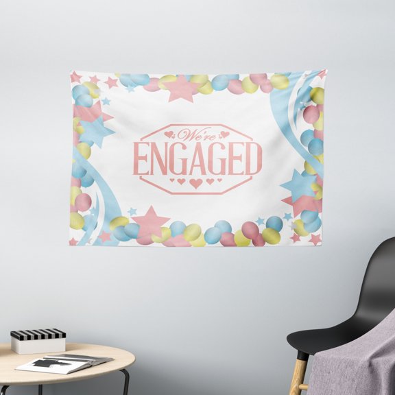 Engagement Party Decorations Tapestry, We Are Engaged Balloons Stars Swirls Vintage Image, Wall Hanging for Bedroom Living Room Dorm Decor, 60W X 40L Inches, Pink Blue and Green, by Ambesonne