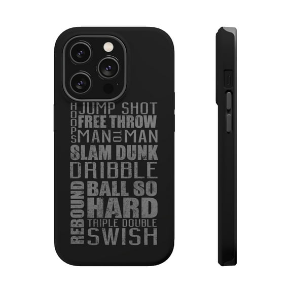 DistinctInk Tough Case for Apple iPhone 15 PRO (6.1" Screen), Compatible with MagSafe Charging - Basketball Word Art Jump Shot Free Throw