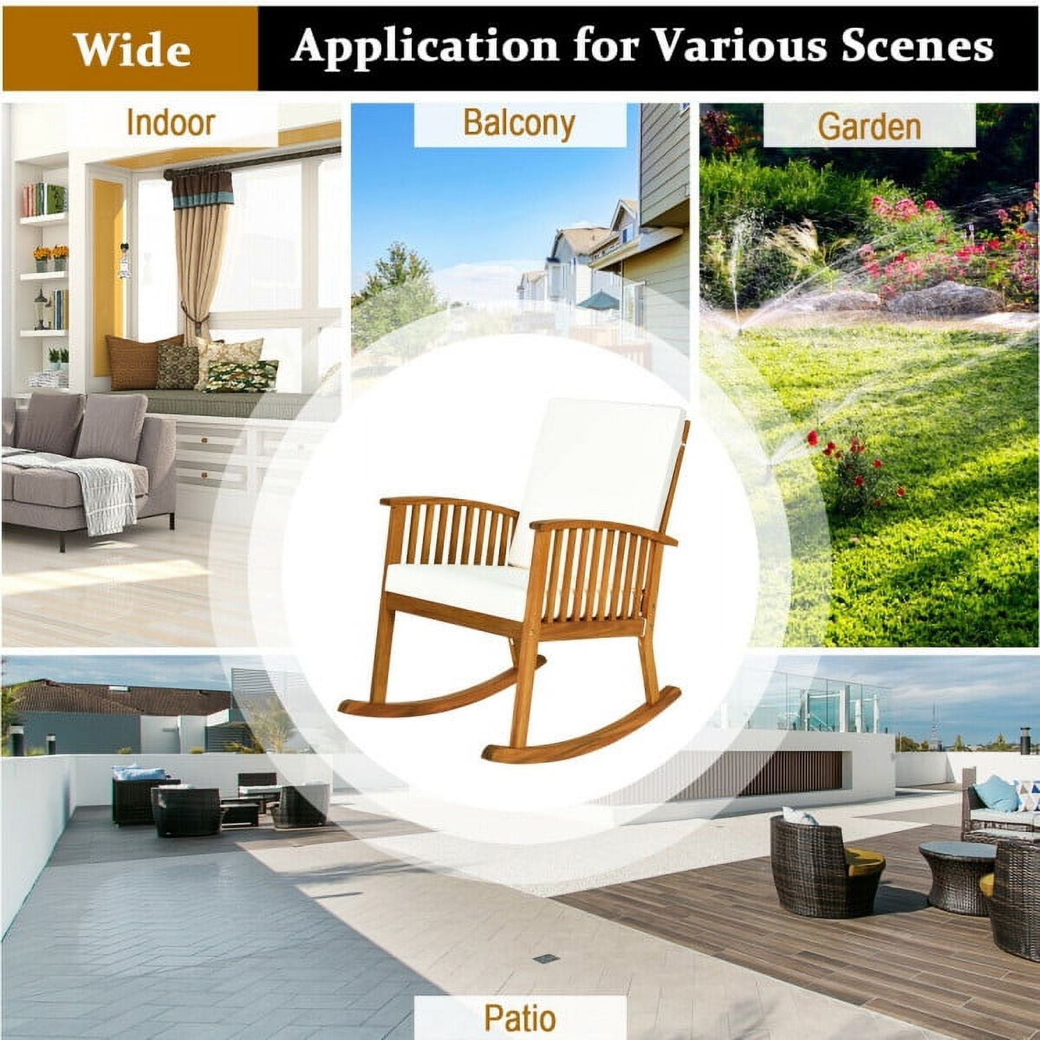 Aimee Lii Outdoor Rocking Chair with Cushion, Patio Wooden Rocker Chair for Lawn, Porch, Backyard, Indoor and Garden, White+Natural