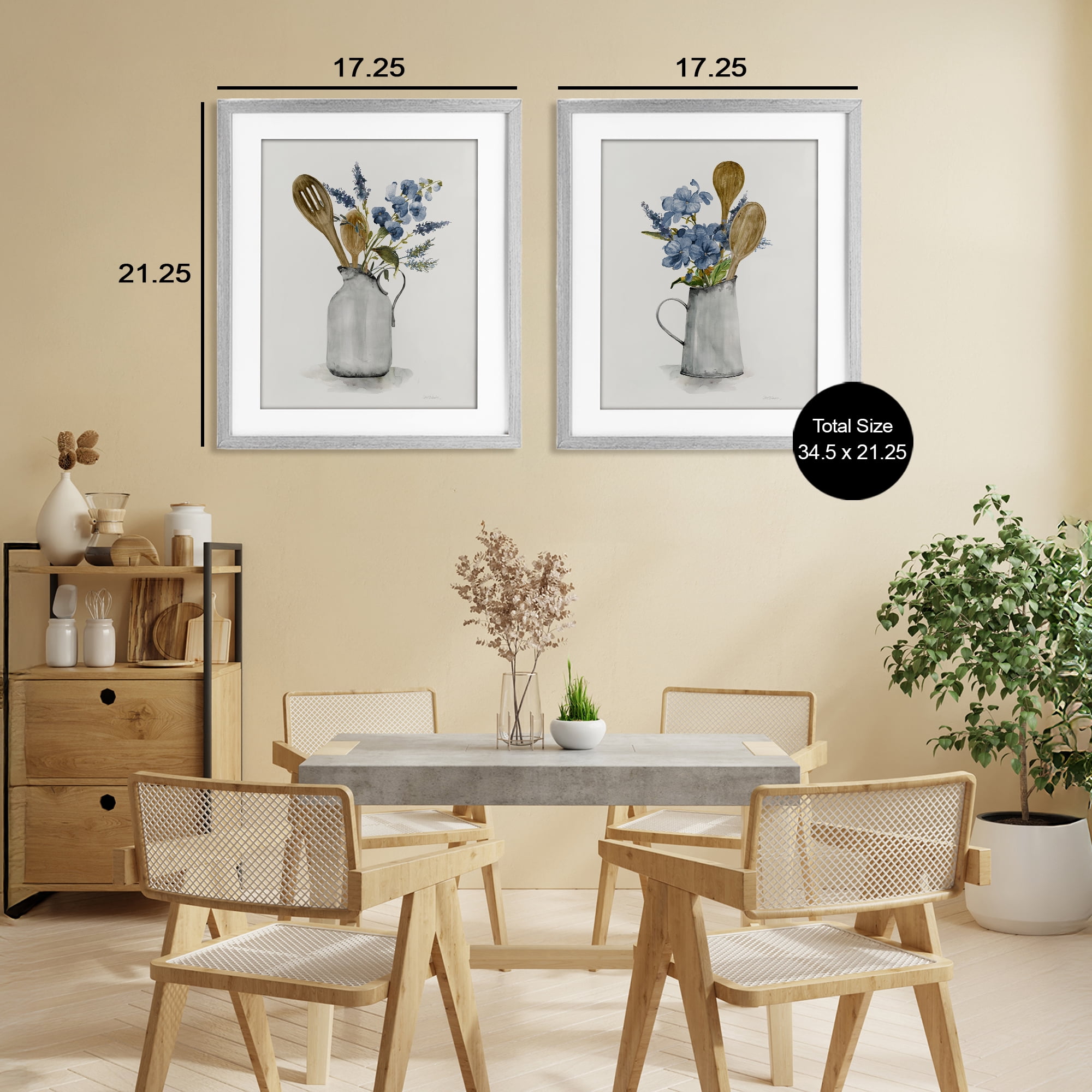 Stupell Industries Kitchen Pitcher Bouquets 2 Piece Gray Framed Print Under Glass Set, design by Carol Robinson