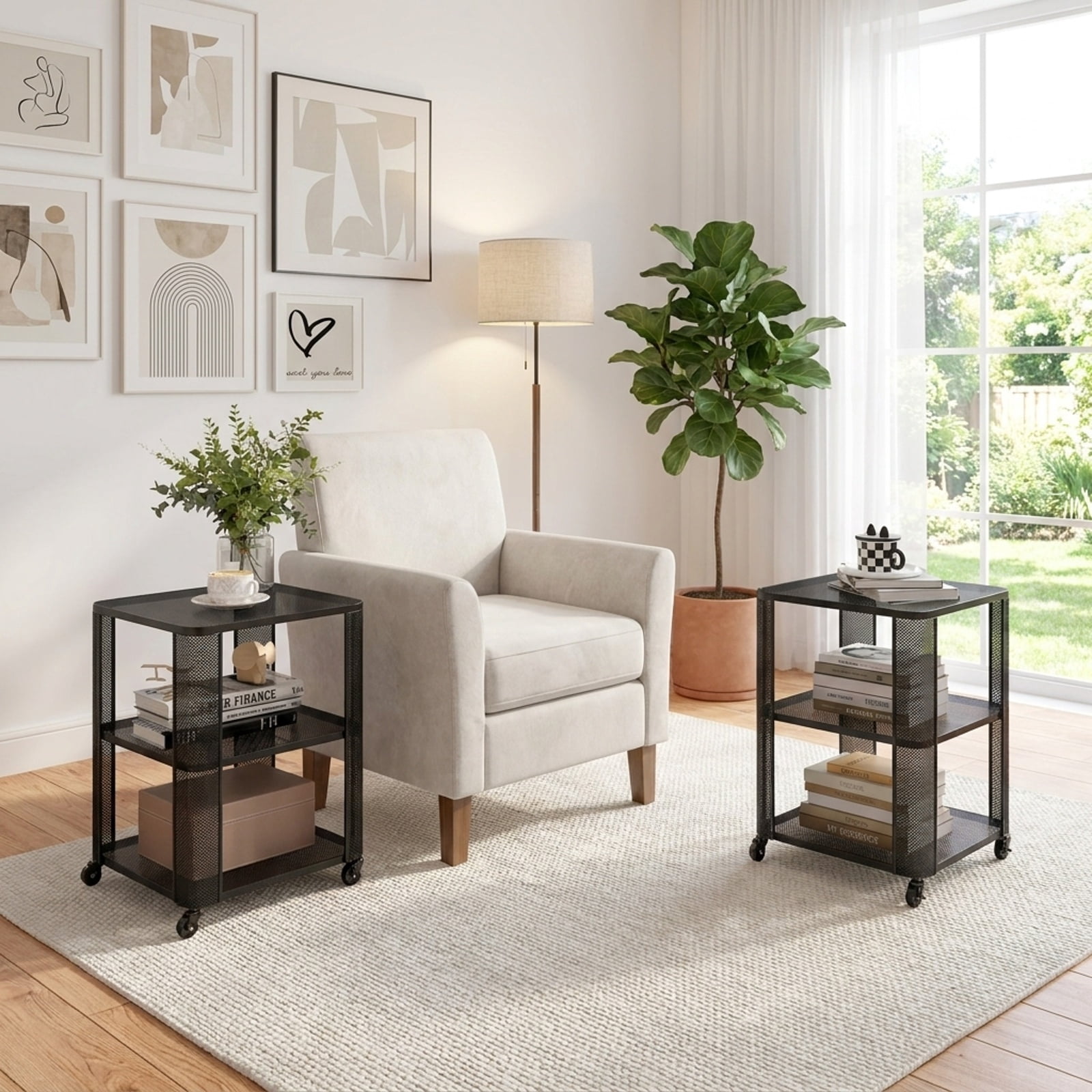 Furnibear 3 Tier Rolling End Table Set of 2 with Locking Casters and Metal Mesh Storage Shelves for Living Room Bedroom and Dorm, Black