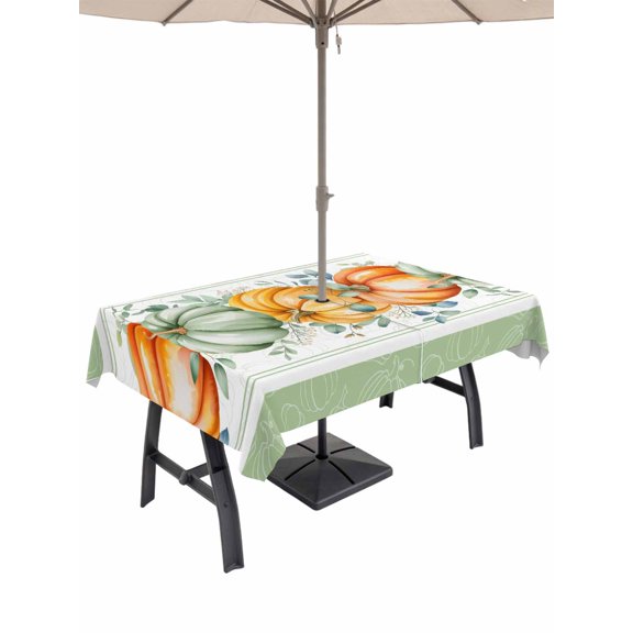 Outdoor Tablecloth with Umbrella Hole and Zipper, Thanksgiving Rectangle Table Cloth 54x80 Inch Waterproof Tablecloth, Fall Sage Green Pumpkin Eucalyptus Leaf Picnic Table Cover for Patio Camping