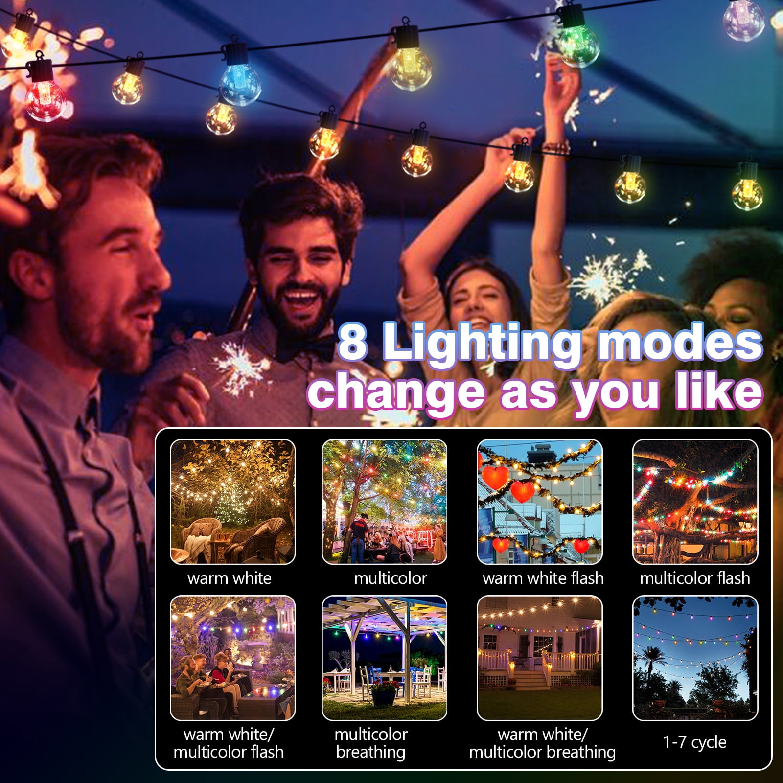 Outdoor Solar String Lights Warm and Colored 50FT 25 LED Lights Waterproof with 8 Lighting Modes USB Charging for Outside Patio Deck Backyard Decor