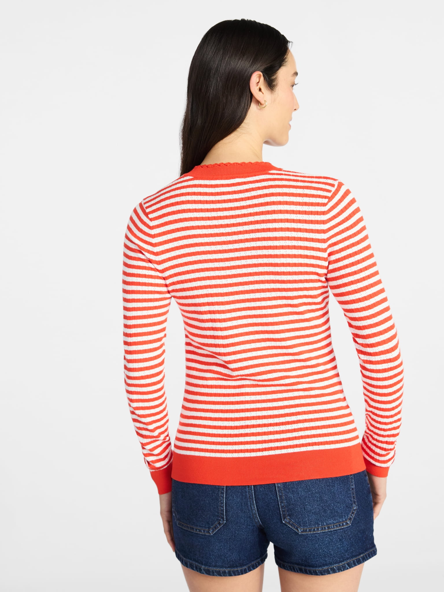 Time and Tru Women's Striped Pointelle Pullover Sweater with Long Sleeves, Midweight, Sizes XS-XXXL