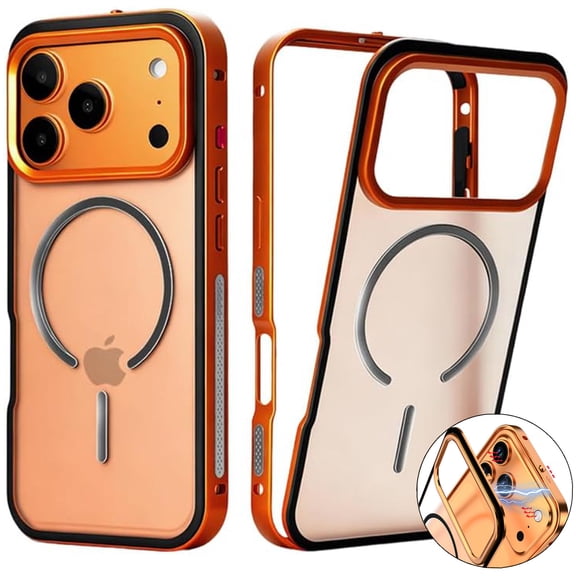 ELEHOLD Magnetic Case For iPhone 17 Pro Max, Shockproof Aluminum Metal Magnetic Clasp Dual-layer Frosted Translucent Rugged Case,Orange
