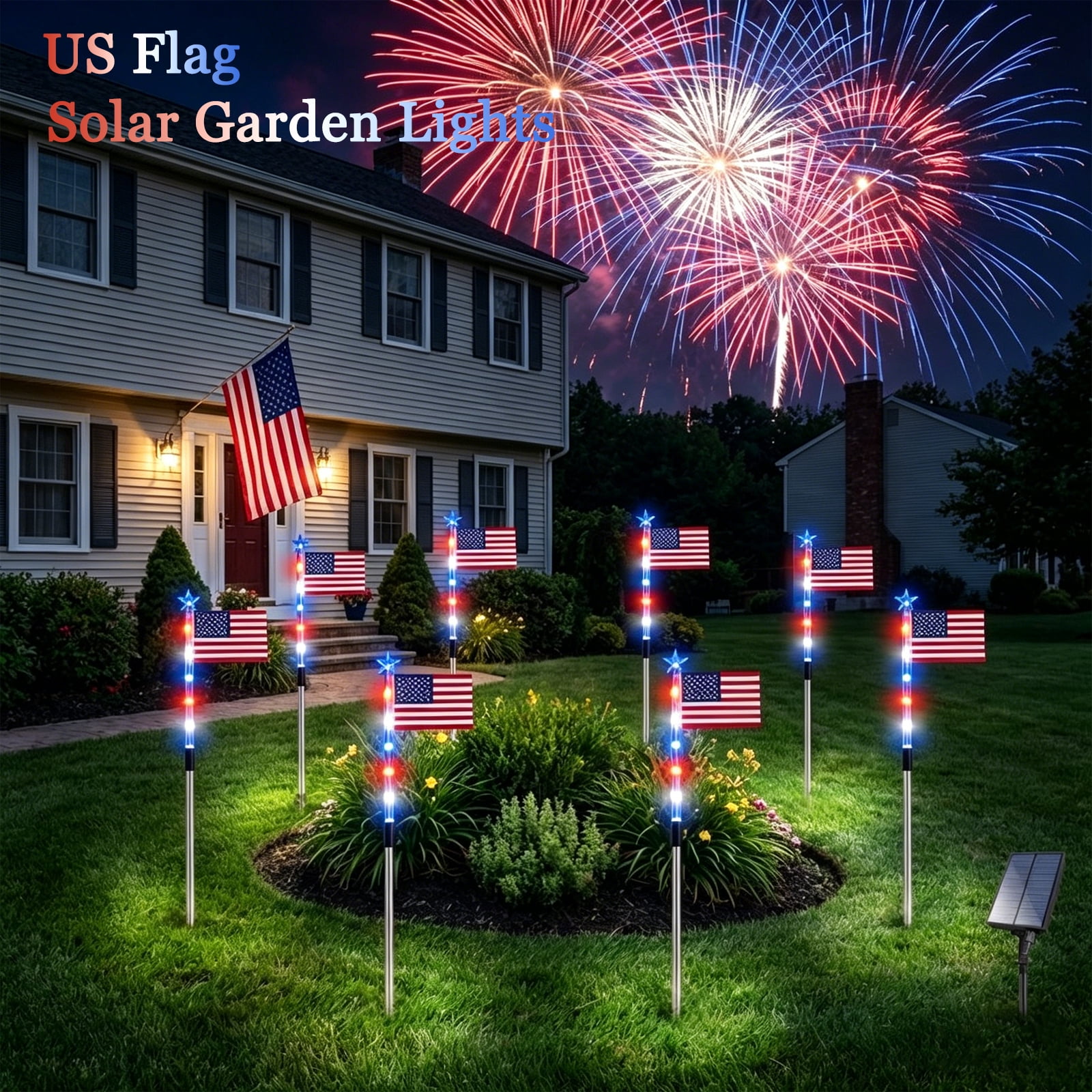4th of July Decor Outdoor, 8 Pack US Flag Solar Garden Lights with Red White and Blue Lights & 8 Modes, Patriotic Lights Outdoor Waterproof for Fourth of July Independence Day Memorial Day