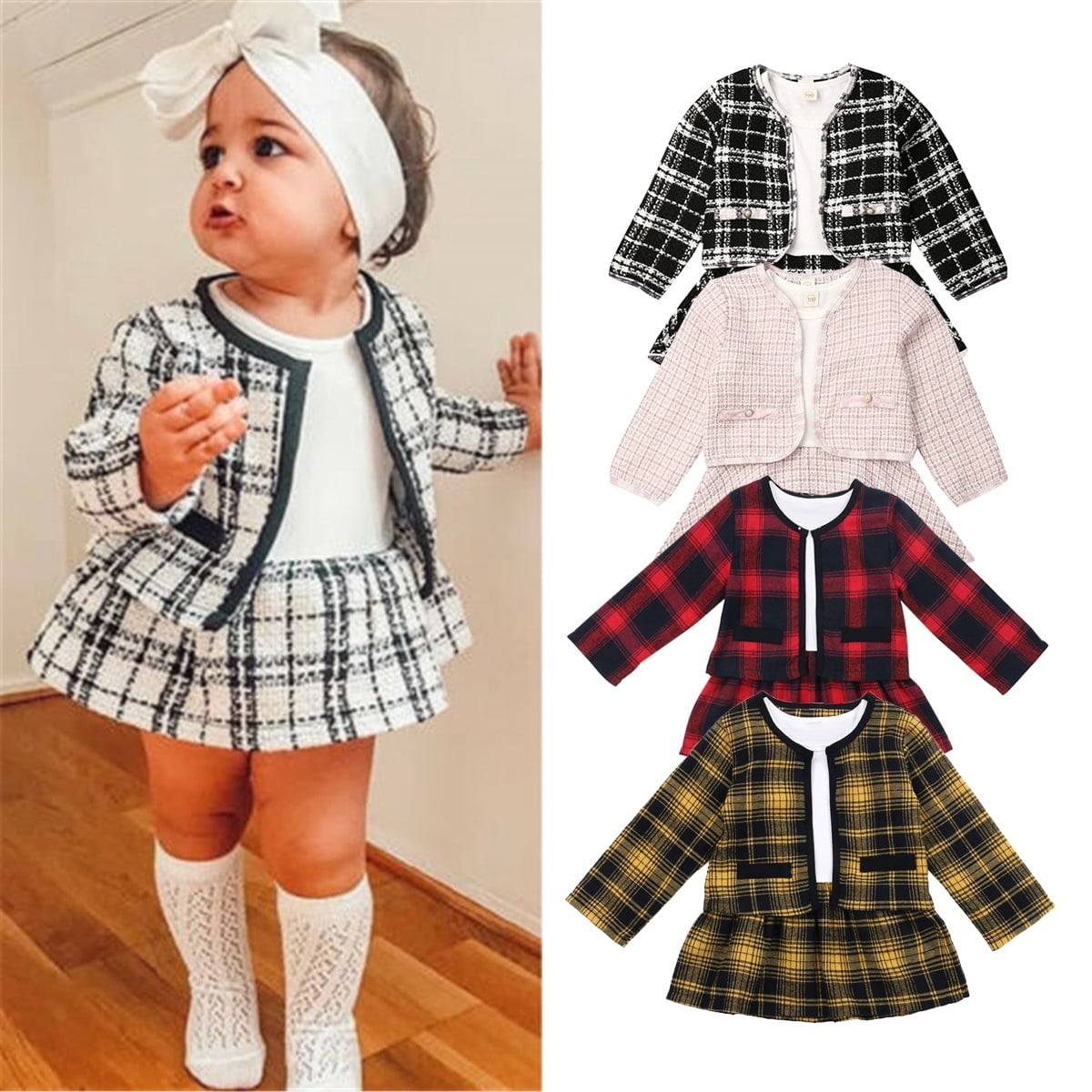 Nituyy Fashion Autumn Winter Toddler Kid Baby Girl Clothes Plaid Coat Tops Tutu Dress Formal Outfit Set Pink