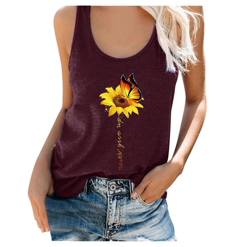 Women Plus Size Summer Sunflower Print Round Neck Sleeveless T-Shirt Top Tank for Women Summer 