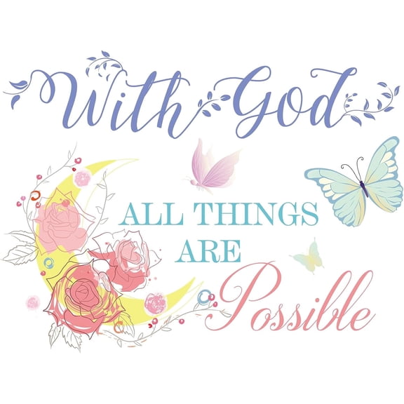 Colorful Bible Verse Wall Decals, with God All Things are Possible Wall Decor, Vinyl Inspirational Quotes Stickers 20.8 x 15.7 Inch, Flower Butterfly Decal for Bedroom, Living Room