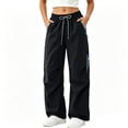 thumbnail image 2 of CLOISE Cargo Pants Women Baggy with Pockets Drawstring Waterproof Mid Waist Straight Leg Long Pants Elastic Waist Solid Vacation Outfits Navy 2XL, 2 of 5