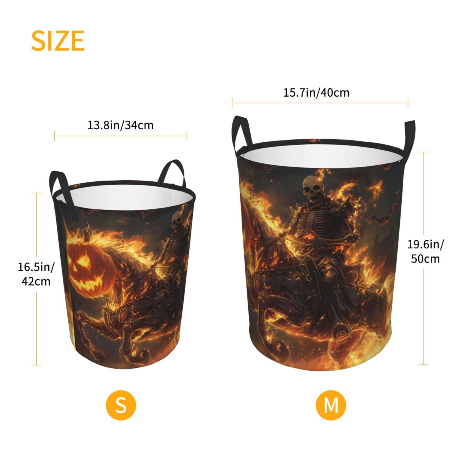 Large Laundry Basket with Handles - Halloween Flame Pumpkin Skeleton Knight B Kids Baby Dirty Clothes Laundry Hamper for Bedroom Aesthetic
