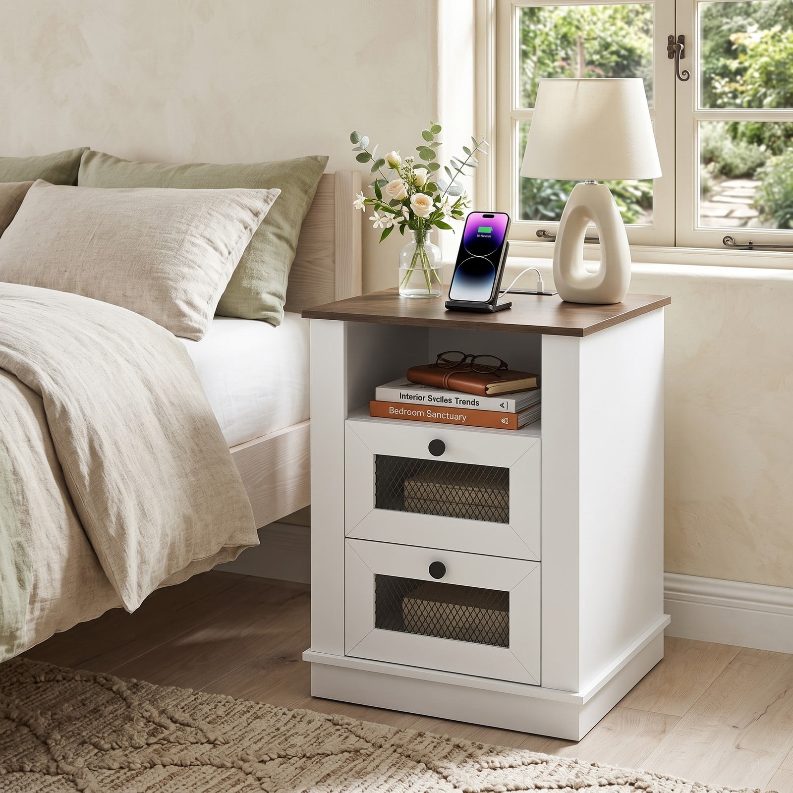 Furnibear Industrial Nightstand with Charging Station and 2 Drawers, Bedside Table with Metal Mesh Fronts and Open Compartment, Rustic Brown