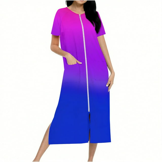 Robes for Women Zip Up Long Housecoat Knit Bathrobes Full Length Pockets