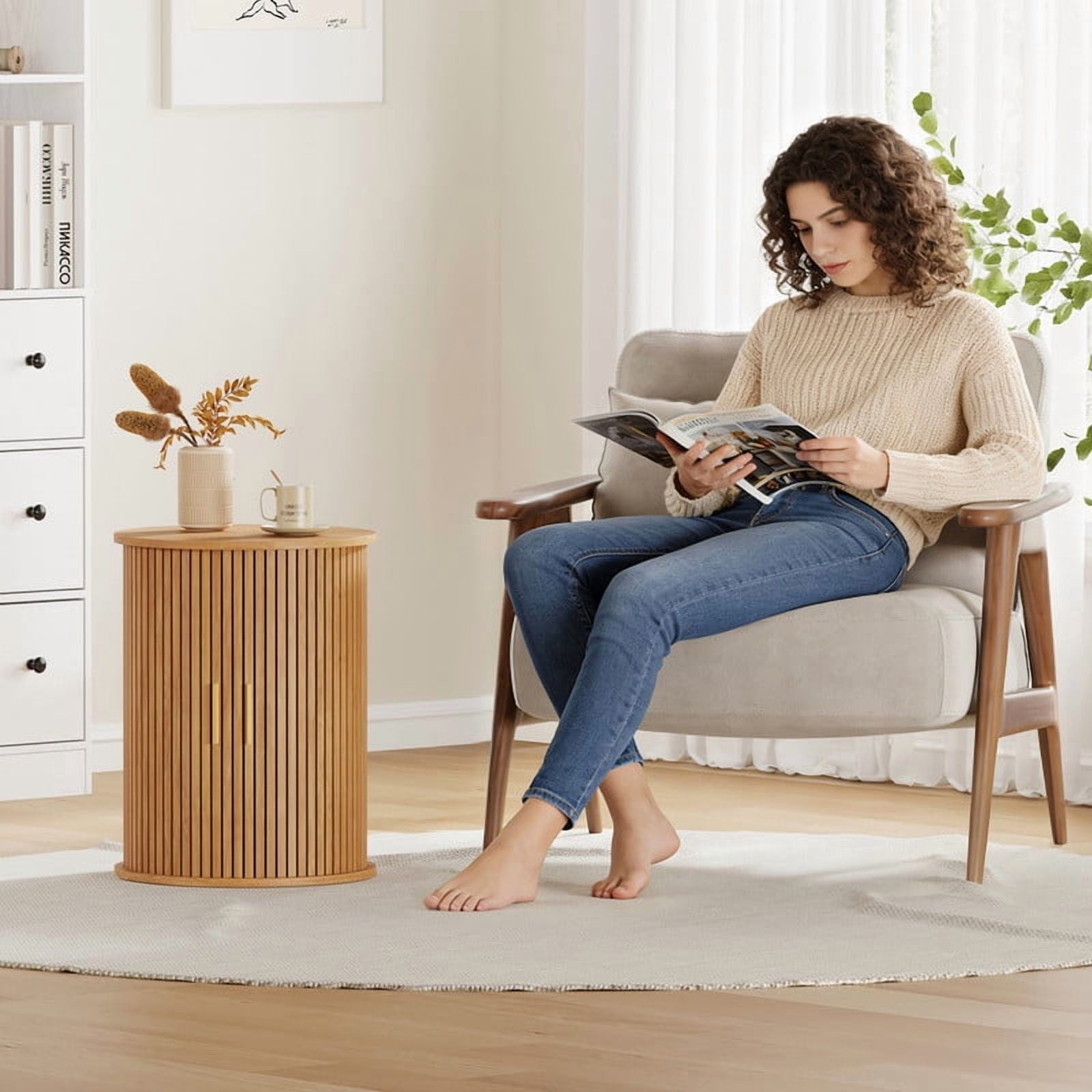 Fluted Round Side Table Set of 2, Mid Century Modern Night stand with Sliding Tambour Door and Storage Shelf, Wood Bedside Table, End Table for Small Space,Bedroom, Living Room