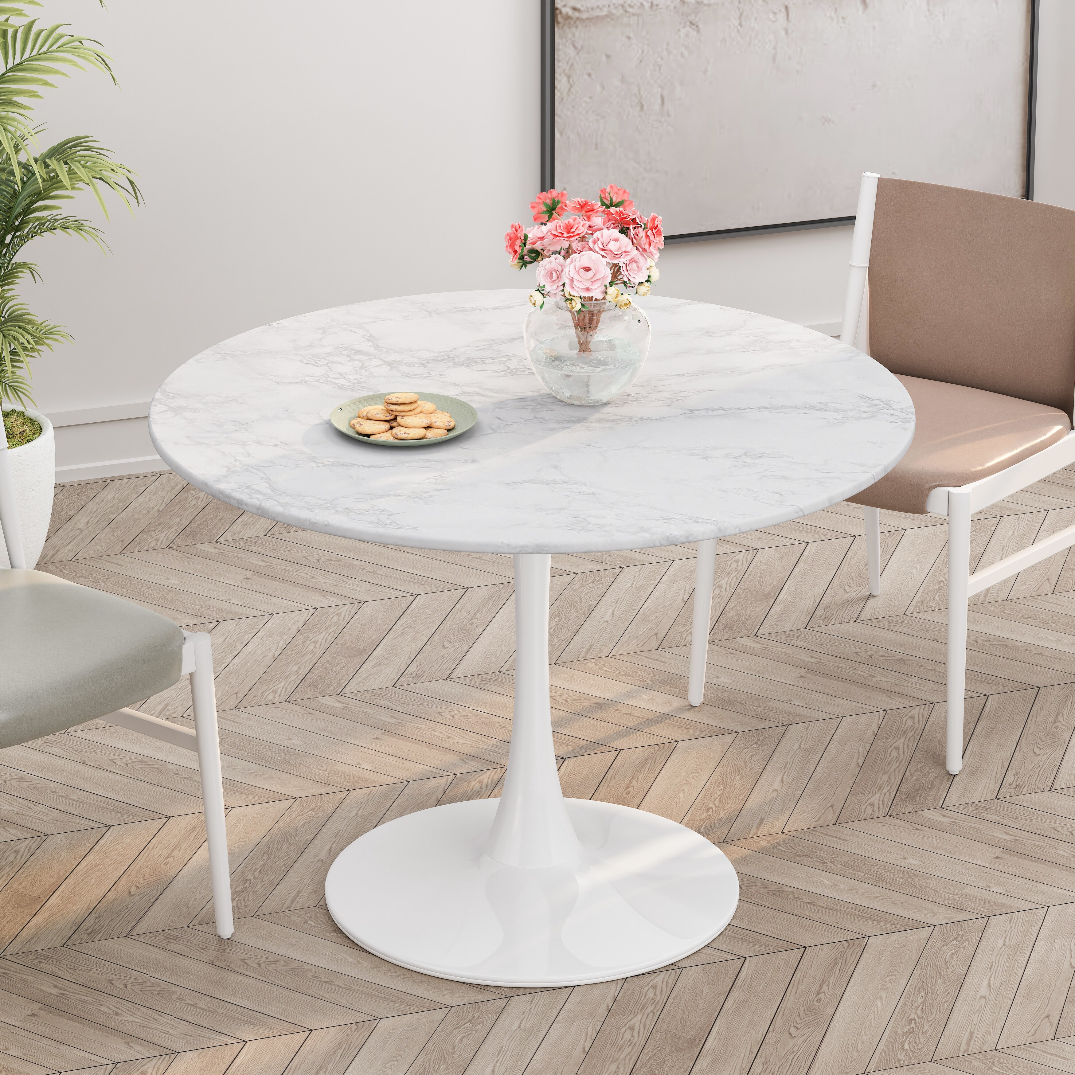 Dining Table with Round MDF Table Top,Metal Base Off White OffWhite
