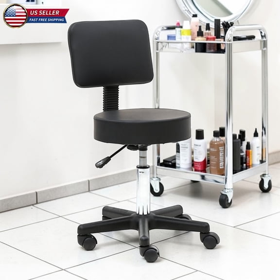 Hassch Swivel Rolling Stool w/ Thick Padded Seat and 5 Wheels, Height-Adjustable Stool with Back, for Massage Salon Home Office (Black)