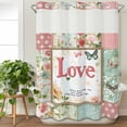thumbnail image 2 of No Hook Shower Curtain Set with Snap in Liner, Spring Floral Butterfly Waterproof Bathroom Curtain with See Through Top Window, Love QuoteRetro Stitching Pattern Double Shower Curtains for Bathtub, 2 of 9