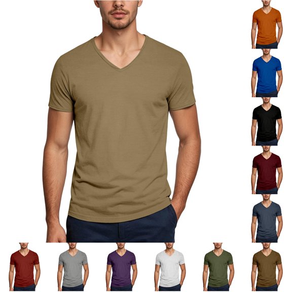 NinXxx Men's Solid French Crew Neck Short Sleeve Casual Top Khaki S