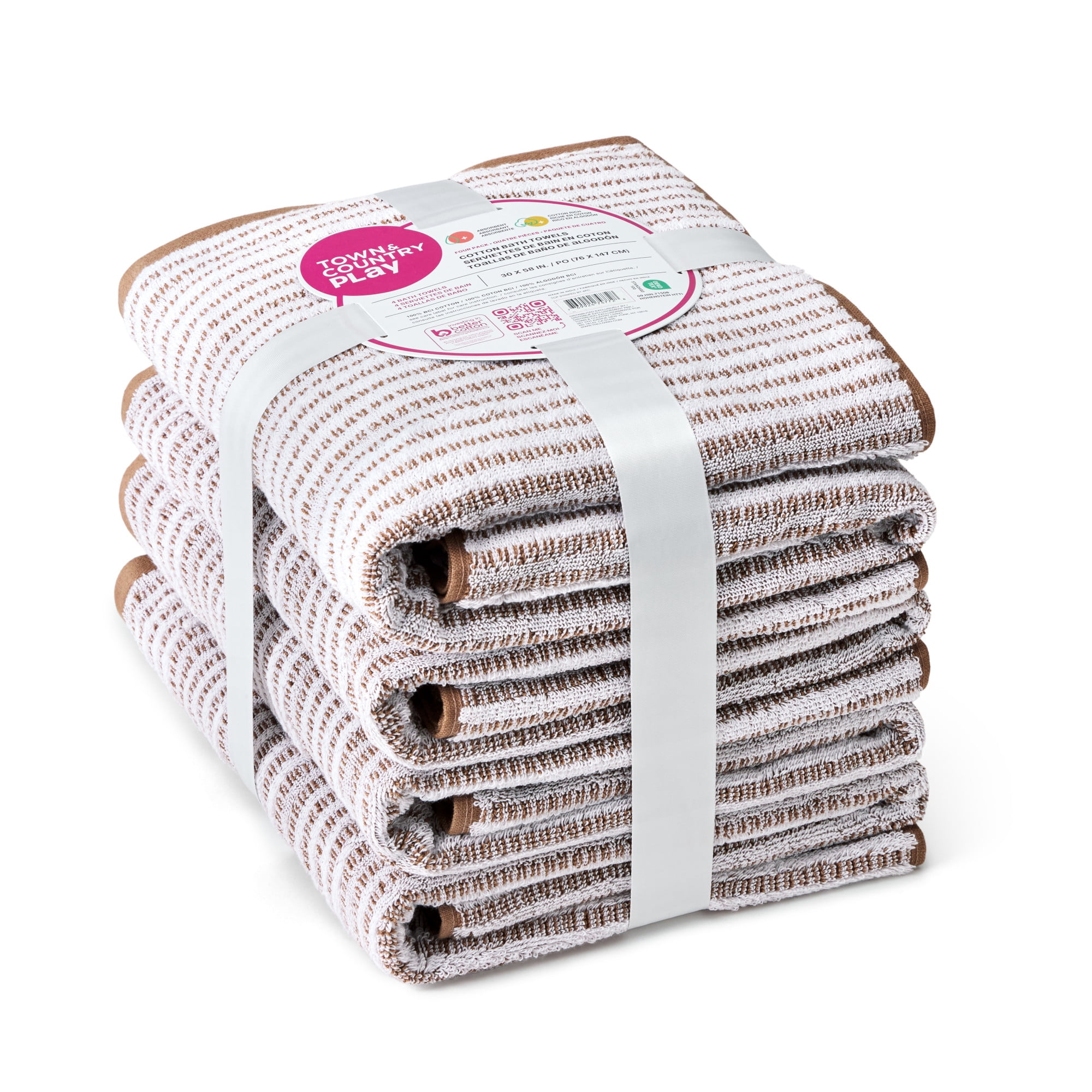 TOWN & COUNTRY PLAY 4-Piece Striped Reversible Terry Brights Bath Towel Set, 30"x58", 100% BCI Cotton, Plush & Absorbent 550GSM, Mocha Brown