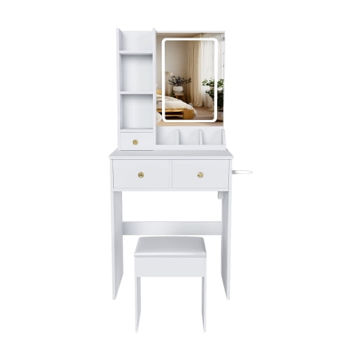 Modern Vanity Desk Set with LED Lighted Mirror, 3 Color Lighting Modes Adjustable Brightness, Built-in Power Outlet & Hair Dryer Holder, Drawers & Open Storage Shelves, Dressing Chair, White