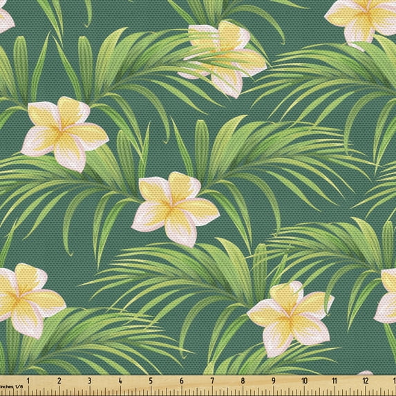Tropical Fabric by the Yard, Exotic Plumeria Flower Petals on Palm Leaves Jungle Nature Hipster Graphic, Upholstery Fabric for Dining Chairs Home Decor Accents, Fern Green Mustard by Ambesonne