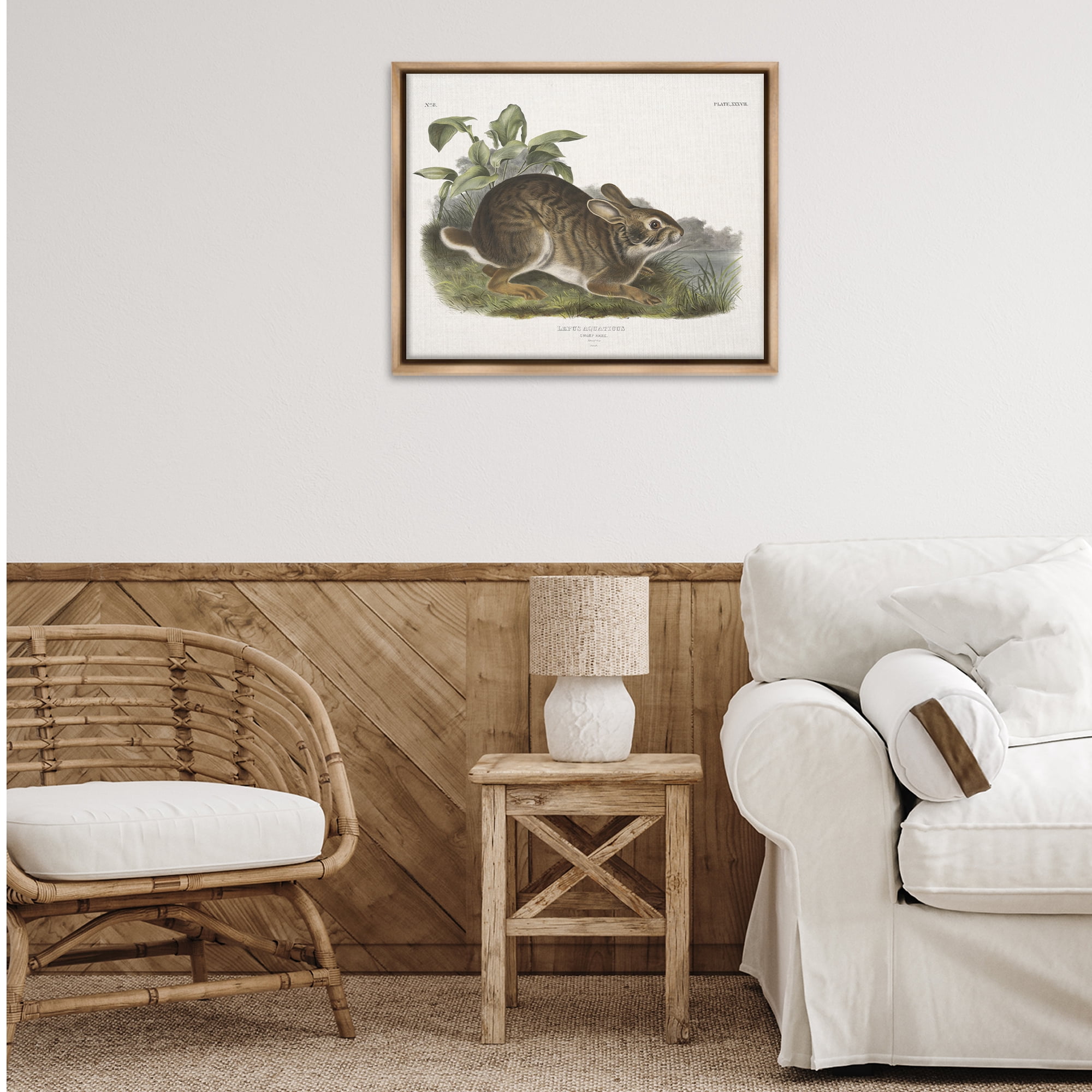 Stupell Industries Vintage Cottage Hare Animals & Insects Painting Brown Floater Framed Canvas Art Print Wall Art, 31 x 25