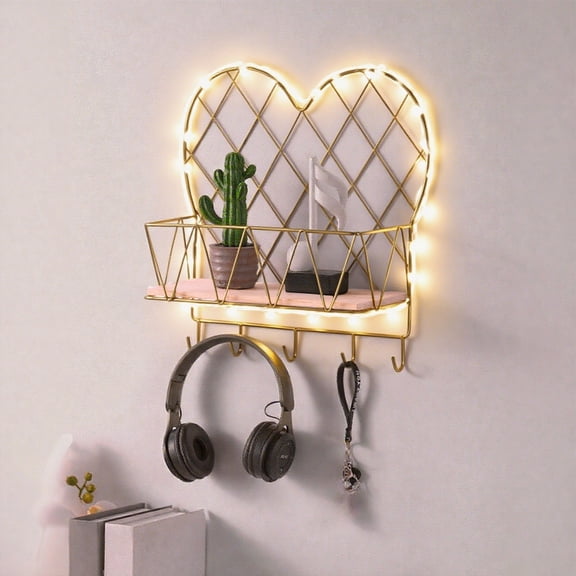 Hyknon Floating Shelves for Wall Decor Lighted Heart Gold Wall Organizer with 7 Hooks Hanging Metal Shelves for Bathrooom Bedroom Kitchen Storage