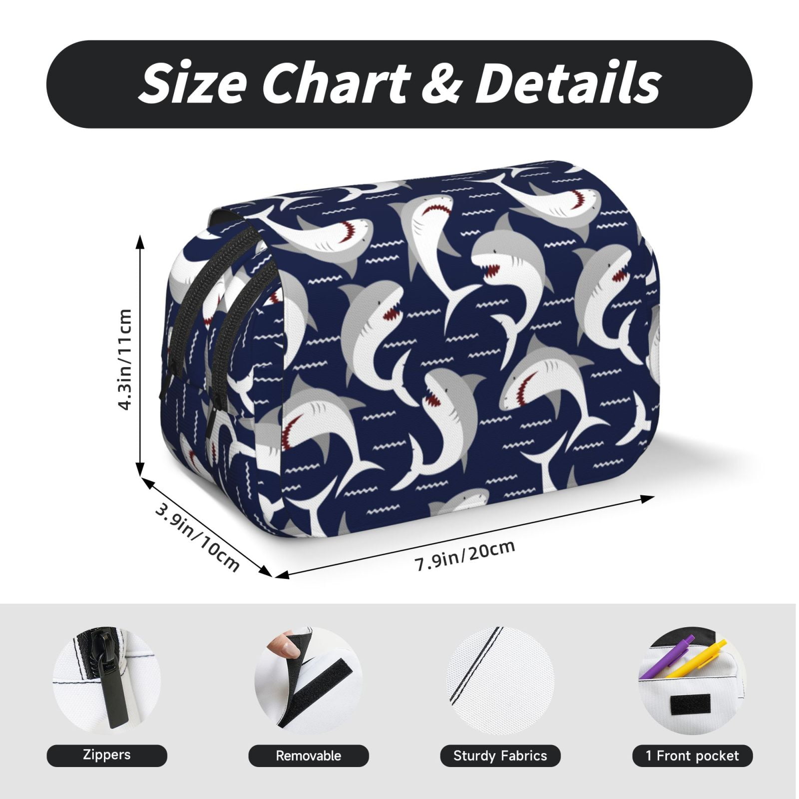 Rateoe Angry Shark Pattern Double Clamshell Pen Case, Storage Organizer with Two Zipper Compartments– Holds Up to 50 Pencils & Pens