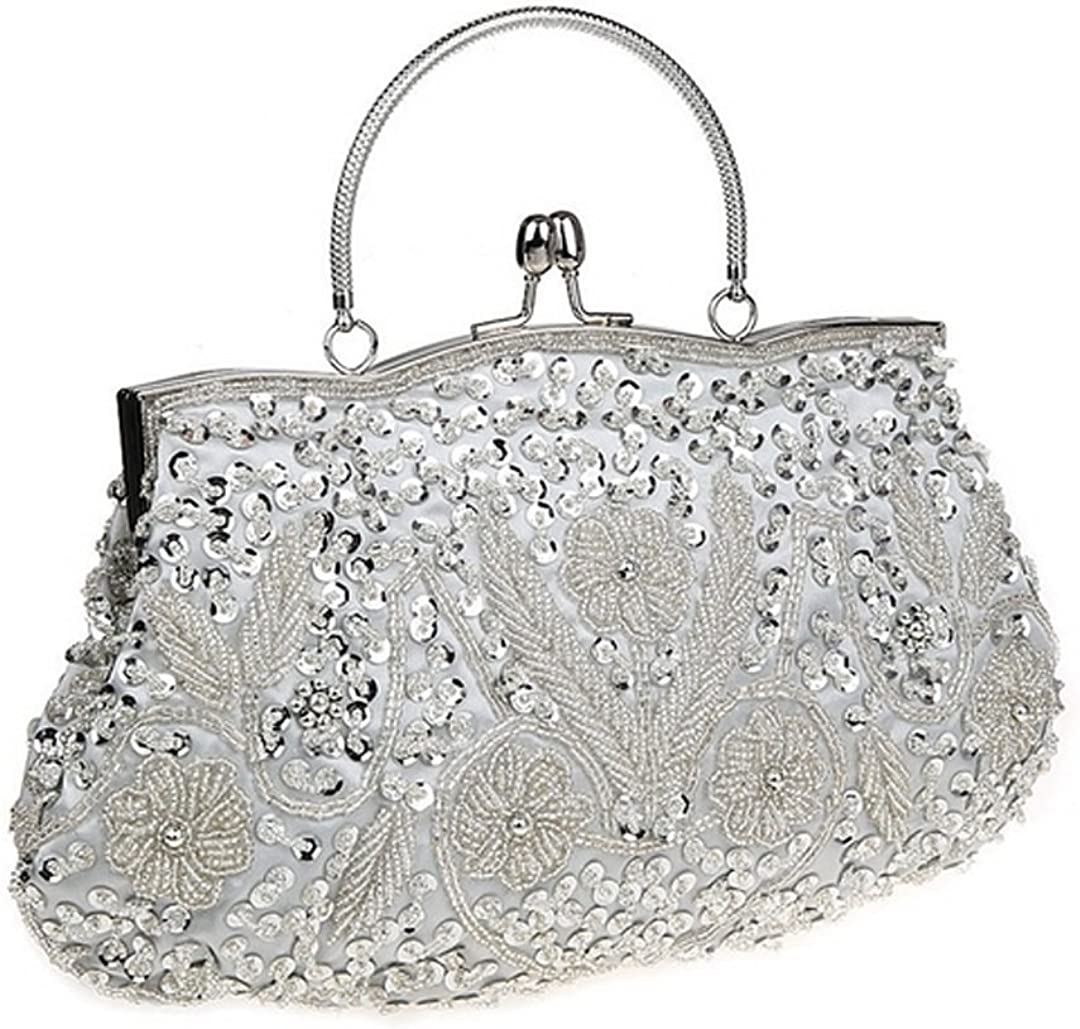 Beaded Sequin Design Metal Frame Kissing Lock Satin Interior Evening Clutch Silver