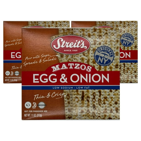 Streit's Egg & Onion Matzo - Thin & Crispy, Low Sodium, Low Fat, Family Owned, Kosher Certified, Pair with Soups, Spreads & Salads (11oz, Pack of 3)