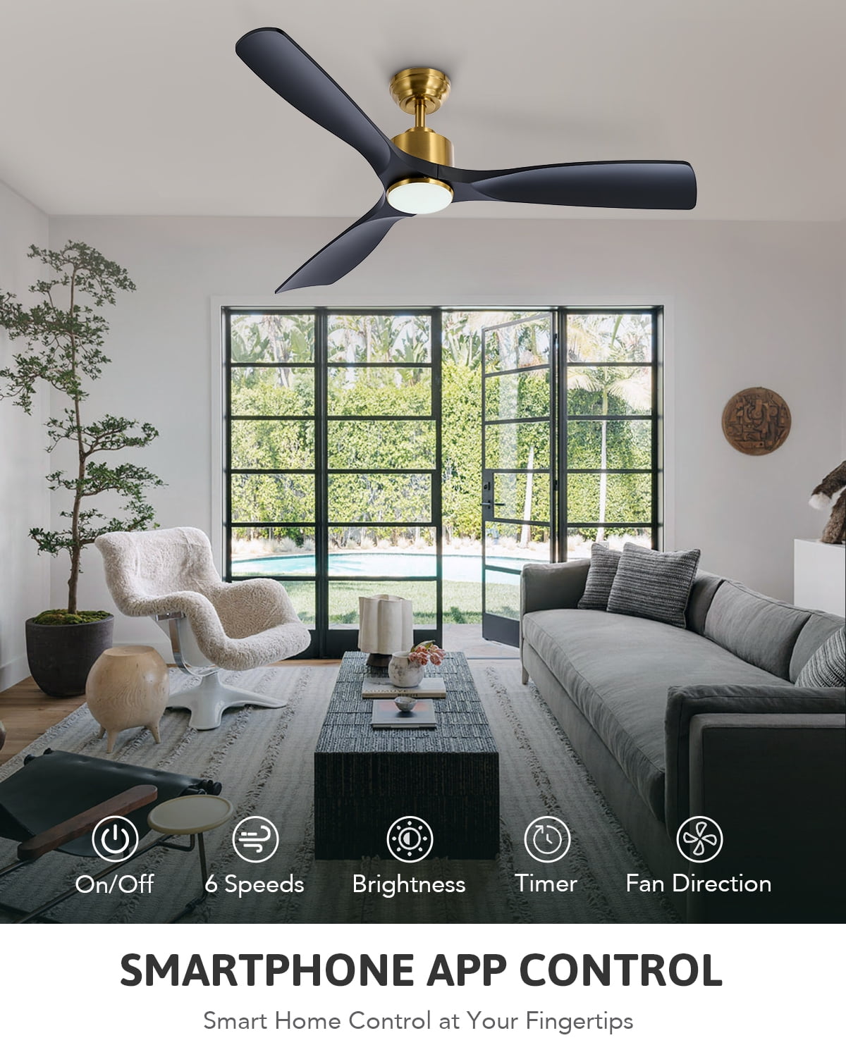 Bestco 52" 6-Speed Modern Ceiling Fan with 1/4/8 hr. Timer Reversible Motor Black