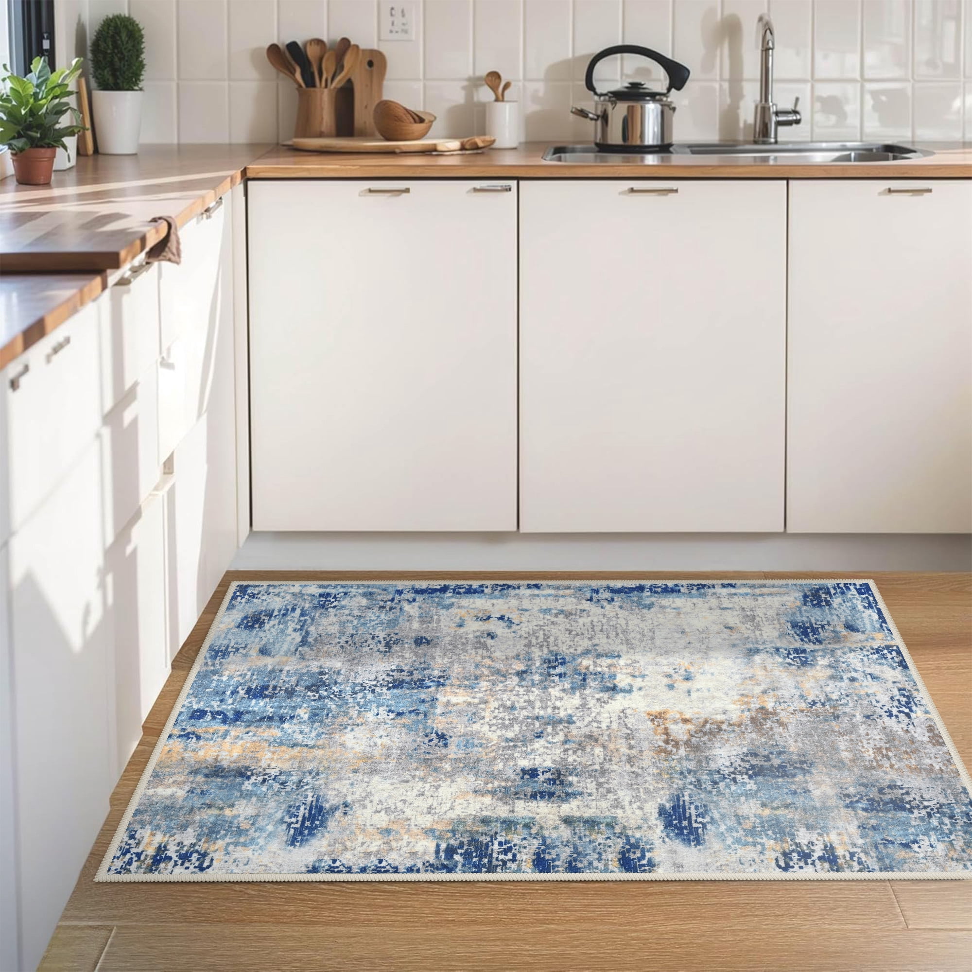 Arogan Modern Abstract Washable Rug for Living Room, Bedroom, Dining Room, Children's Playroom, Blue, 2' x 3'