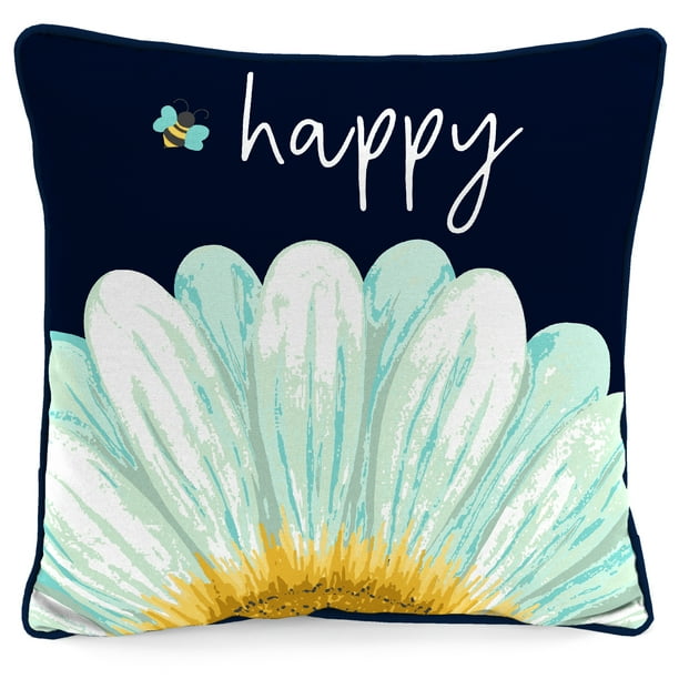 Mainstays Bee Happy Daisy Reversible Outdoor Throw Pillow, 16", Multicolor Novelty and Yellow Solid