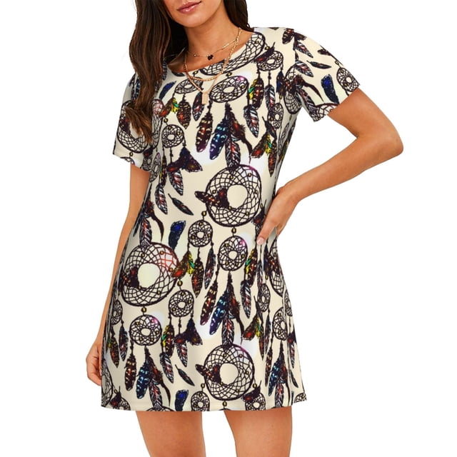 Fotbe Dreamcatcher Bata de Dormir para Mujer con Estampado, Camisón de Algodón de Manga Corta, Ropa de Dormir Casual