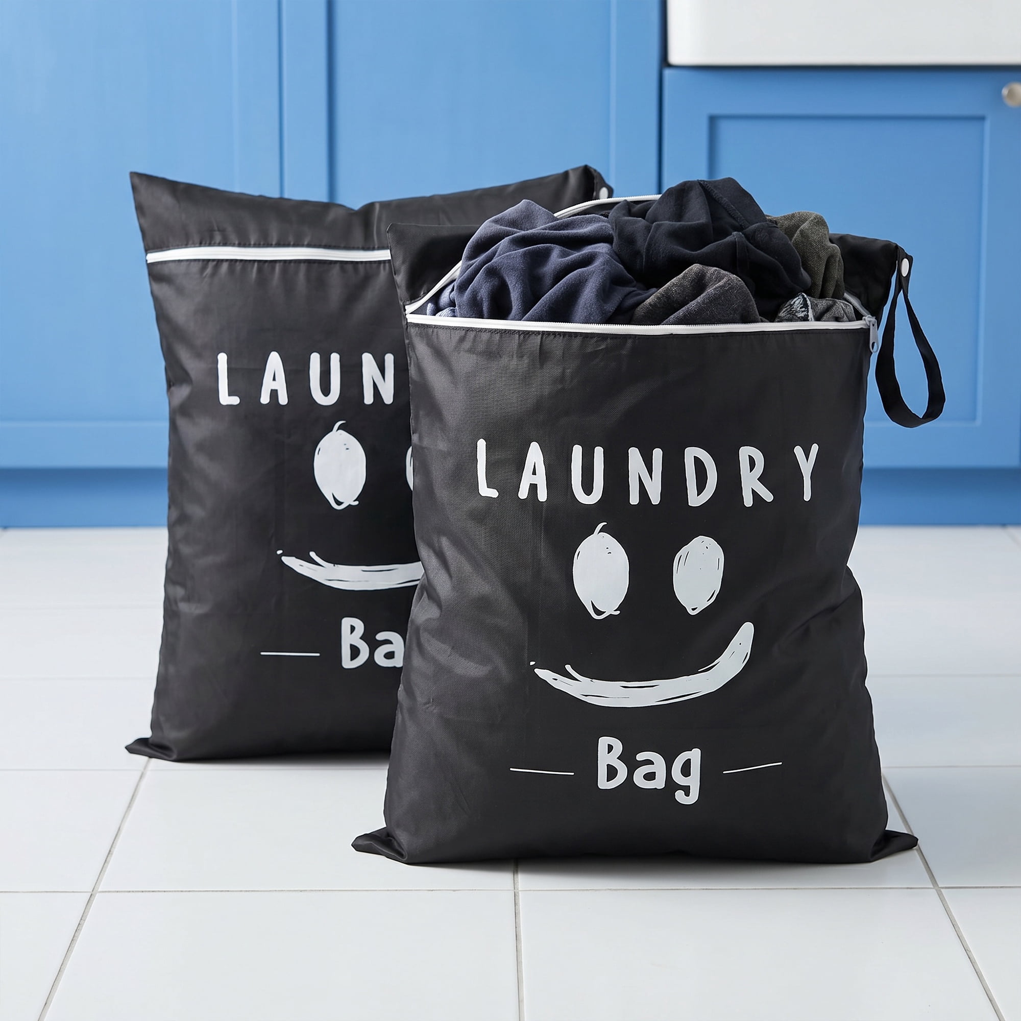 Unique Bargains 2Pcs Oxford Cloth Zipper Mesh Clothes Laundry Bag Black-White A 15"x18.9"