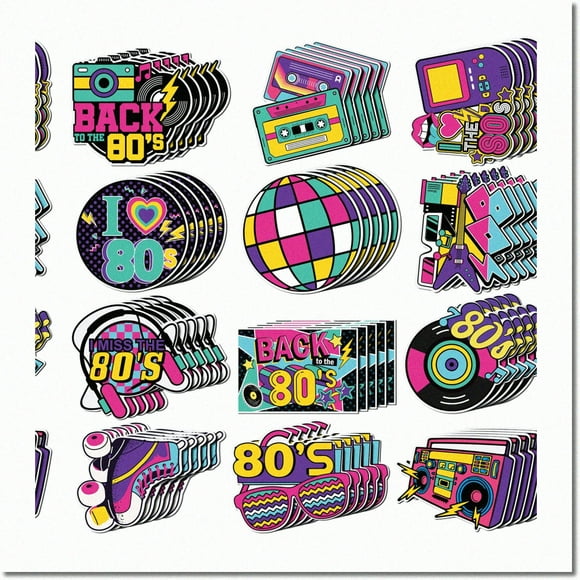 Retro Vibes Blast - 60 Pcs 80s Party Decoration Cutouts: Hip Hop, Roller Skating, Radio, Throwback Birthday, Neon Party, Rock & Hippie Vibes!