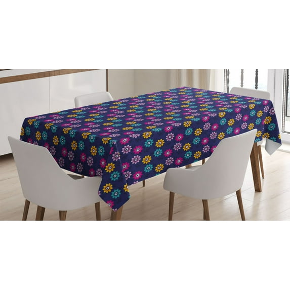 Floral Tablecloth, Simplistic Modern Botanical Pattern with Colorful Flowers, Rectangle Satin Table Cover Accent for Dining Room and Kitchen, 60" X 90", Indigo and Multicolor, by Ambesonne