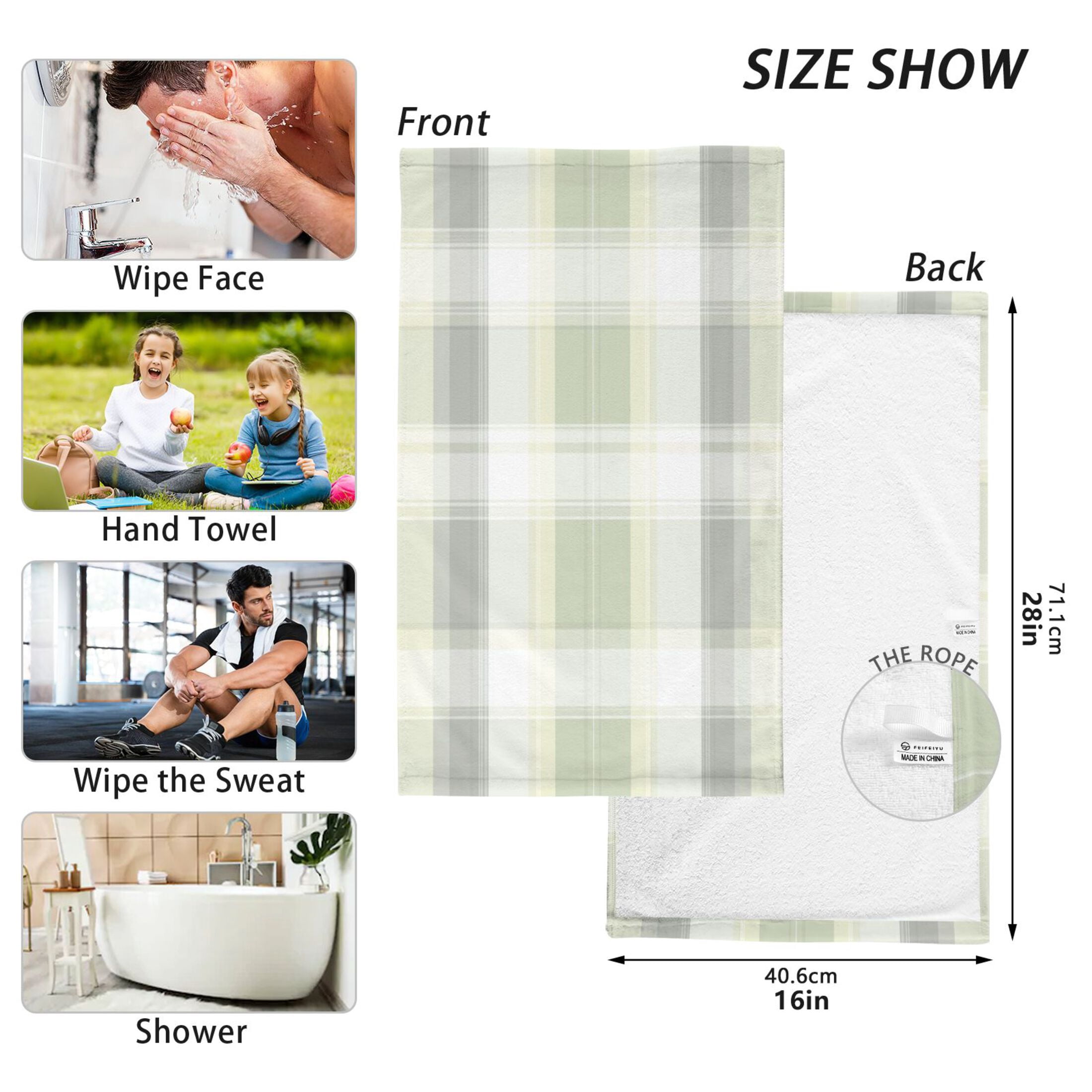 2 Pcs Absorbent Face Towel Bath Hand Towels Soft Breathable Cotton Towel Set for Bathroom Kitchen Hotel Spa Decor Light Gray and Green Plaid