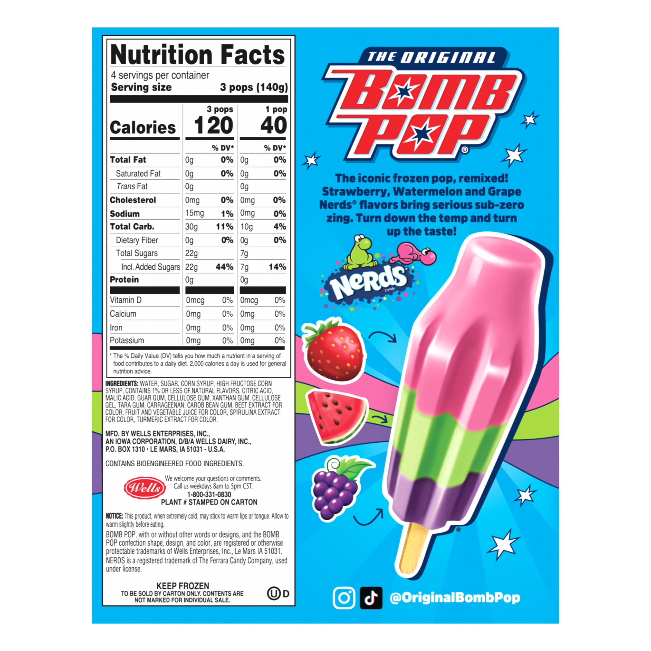 Bomb Pop NERDS Freeze Ice Pop, Frozen Freezer Dessert, 12 Pack
