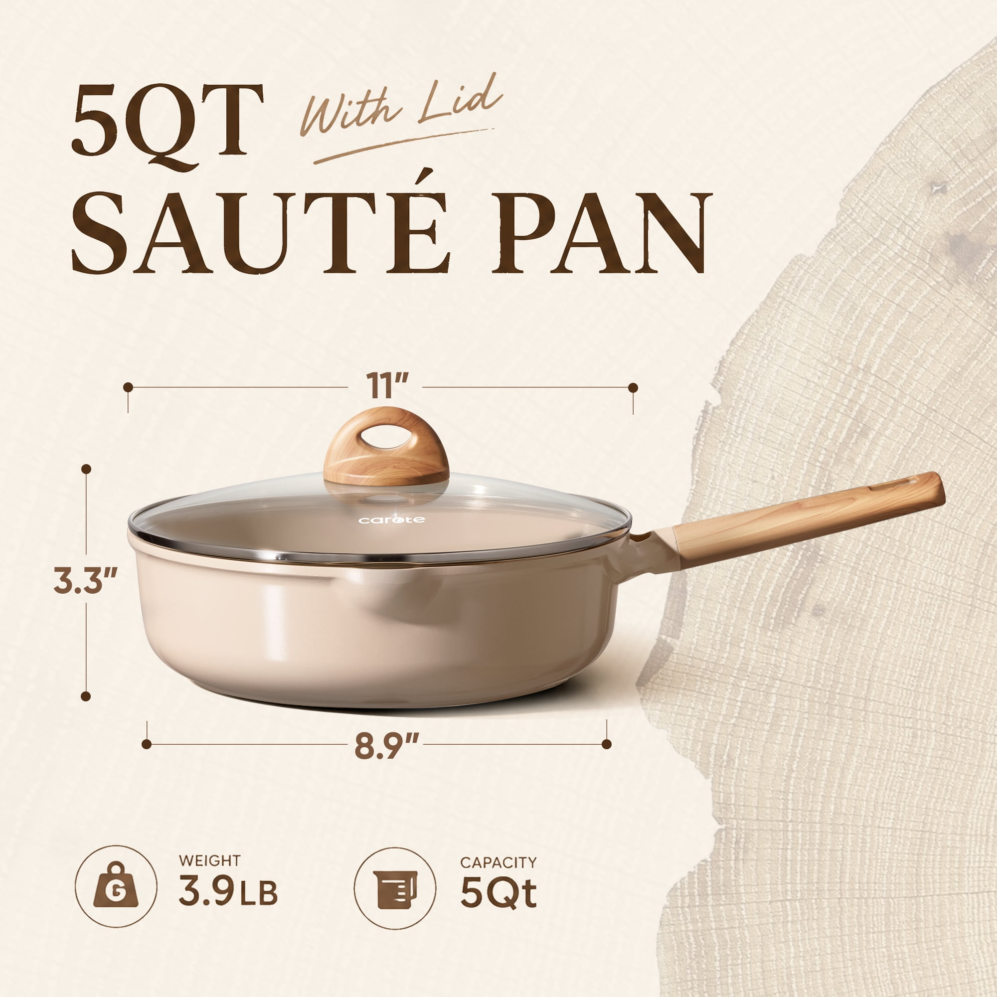 Carote 5QT Ceramic Non Stick Frying Pan Skillet with Lid, Jumbo Cooker with Induction 11inch Large Deep Frying Pan, Non-Toxic Sauté Pan,Taupe
