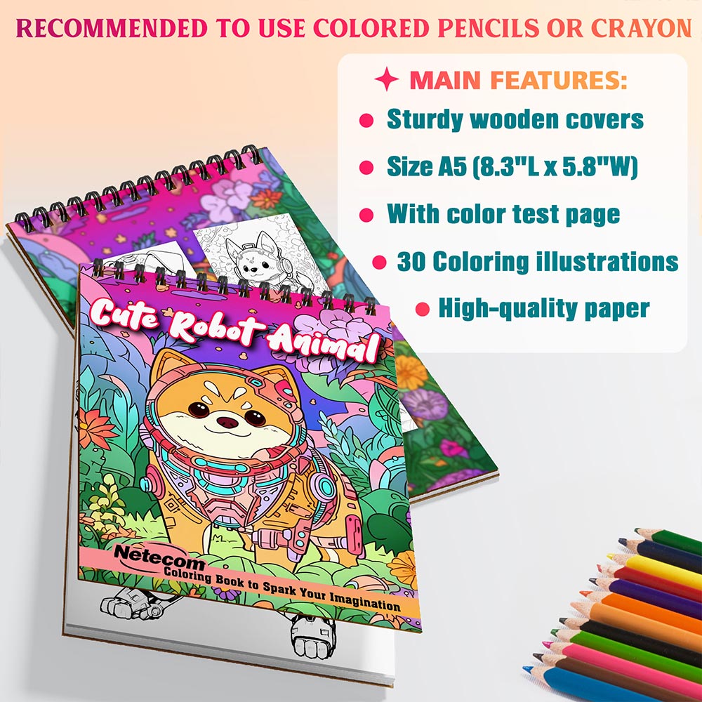 Netecom Cute Robot Animal Coloring Book for Adults, A5 Wooden Cover, Spiral Bound Edition, 30 Adorable Coloring Pages of Robot Animals for Stress Relief and Relaxation