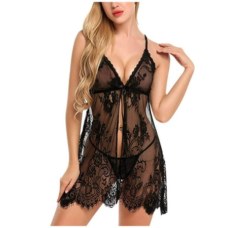 Women s Day Clearance! hoksml Women Sexy Lingerie V Neck Nightgown Sexy Chemise Night Dress Lace Lingerie+G-String Underwear Suits on Clearance