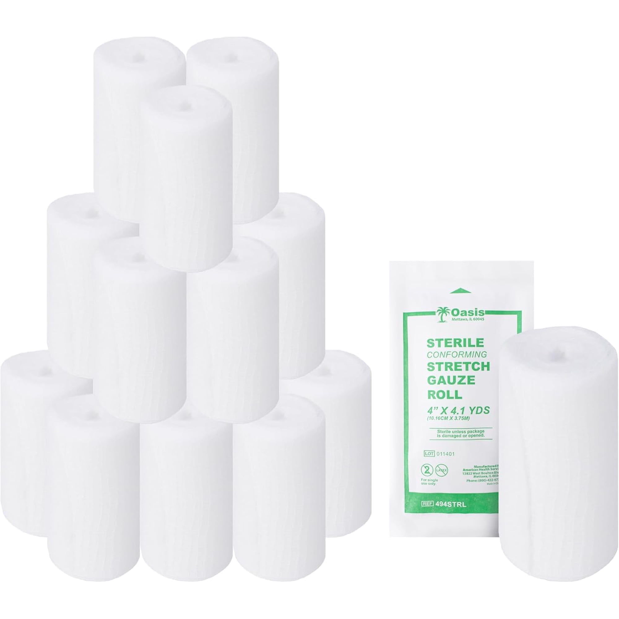 Oasis Conforming Stretch Gauze Bandage, 96 Rolls | Sterile Latex Free Rolled Gauze, Bandage Rolls for Effective Wound Care & Comfort (4" x 4.1 Yards)
