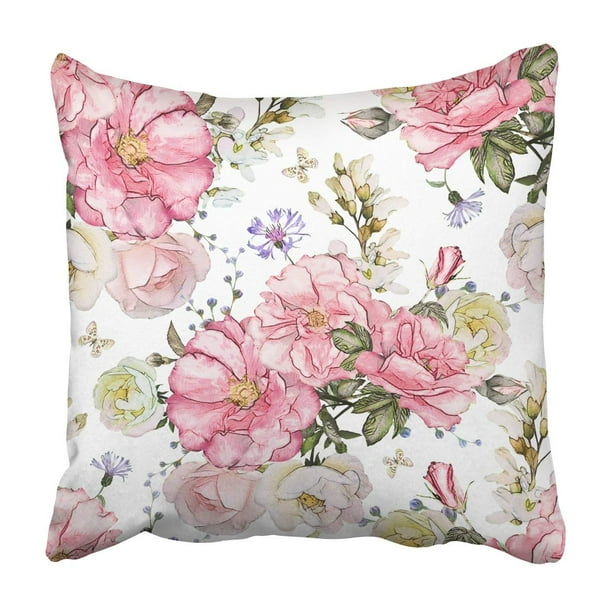 Artjia Pink Flowers And Leaves Watercolor Floral Rose Pillowcase Throw Pillow Cover Case 18x18 Inches Walmart Com Walmart Com