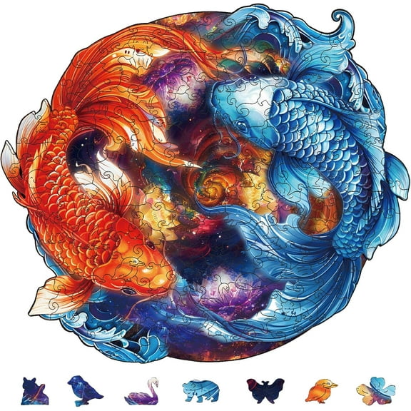 200Pcs Yin Yang Fish Wooden Jigsaw Puzzles for Adults 31.5x27.7cm/12.4x10.82inch Wood Puzzles Unique Shaped Wooden Puzzles Animal Colorful Jigsaw Puzzles for Birthday Gifts