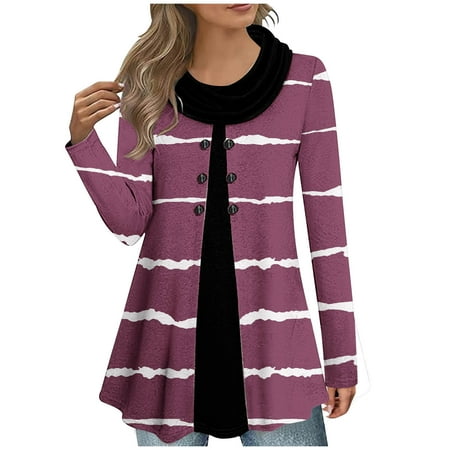 gakvbuo Fall Sweaters for Women Plus Size Tunic Tops Fall 2022 Women Round-Neck Patchwork Retro Print Long Sleeves Shirt Blouse Tops