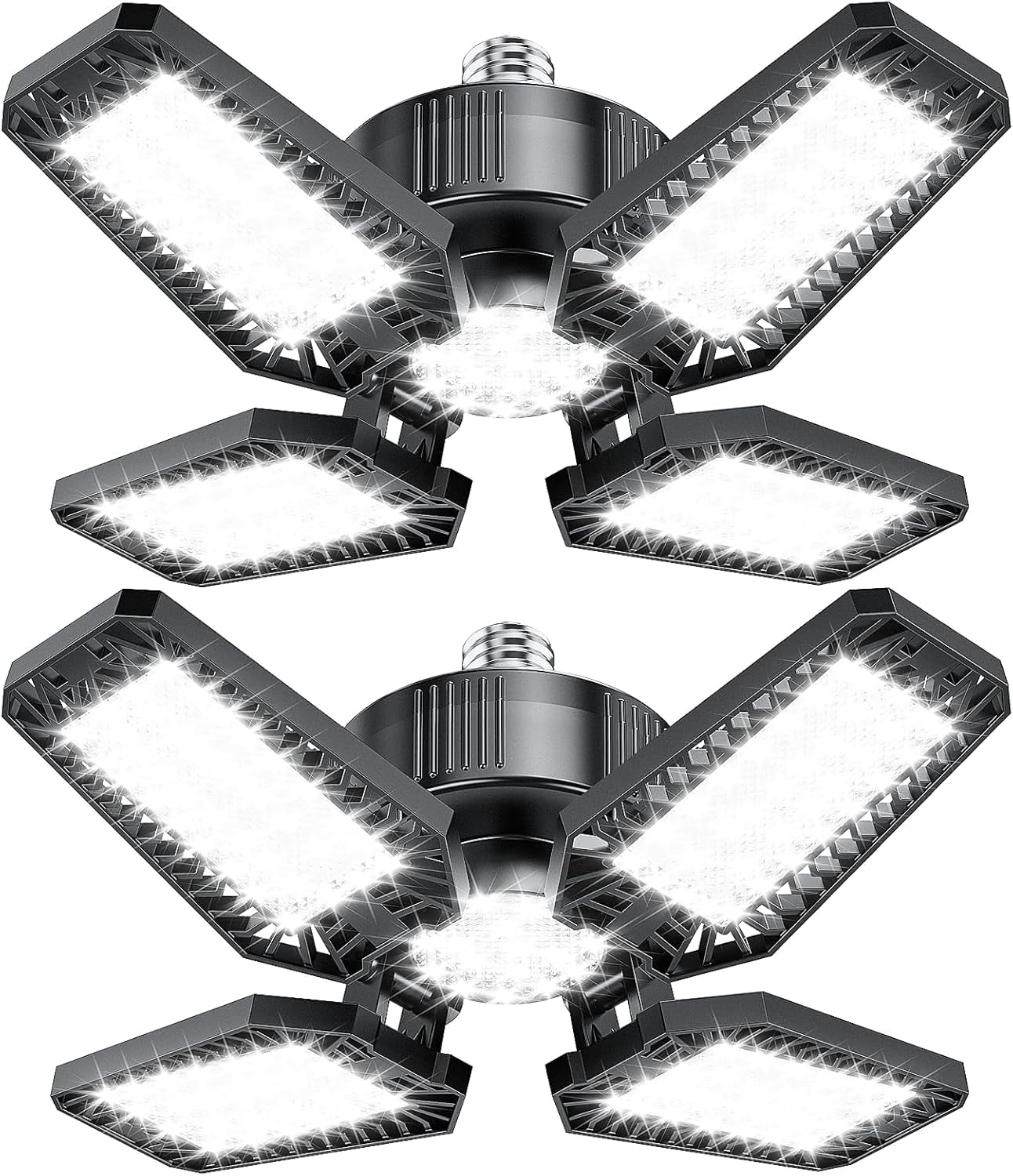 FEFEFW-Garage Lights 2 Pack 120W, 12000LM LED Garage Lights with 4+1 Deformable Panels 6500K Screw in LED Shop Lighting for Workshop, Basement Support E26/E27