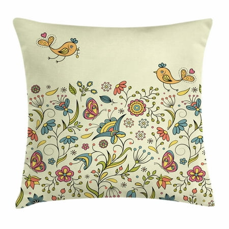 Butterfly Meadow Leaf - Flowers Throw Pillow Cushion Cover, Flourishing Spring Meadow Ornate Artistic Nature Romantic Birds Butterflies Leaves, Decorative Square Accent Pillow Case, 18 X 18 Inches, Multicolor, by Ambesonne