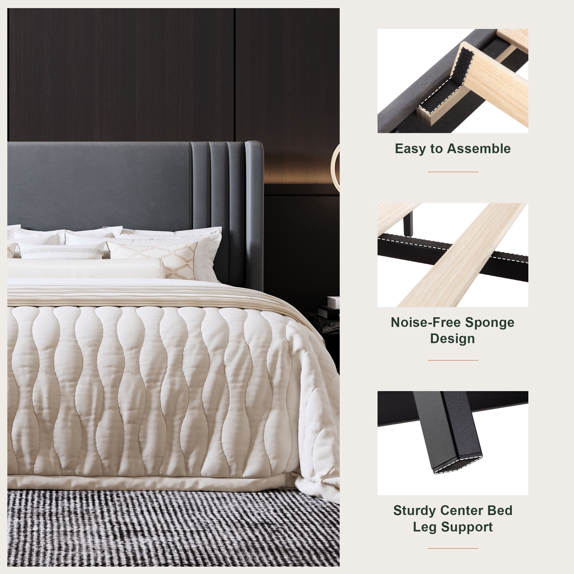Amolife King Size Bed Frame, Velvet Platform Bed with Upholstered Wingback Headboard, No Box Spring Needed, Gray