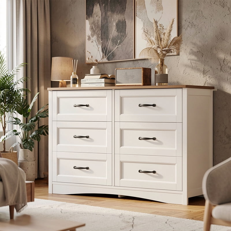 6 Drawer Dresser for Bedroom, Aiho Chest of Drawers with Metal Handle & Anti-Tip Storage Cabinet for Living Room, Nursery, Hallway, White&Vintage-coloured desktop